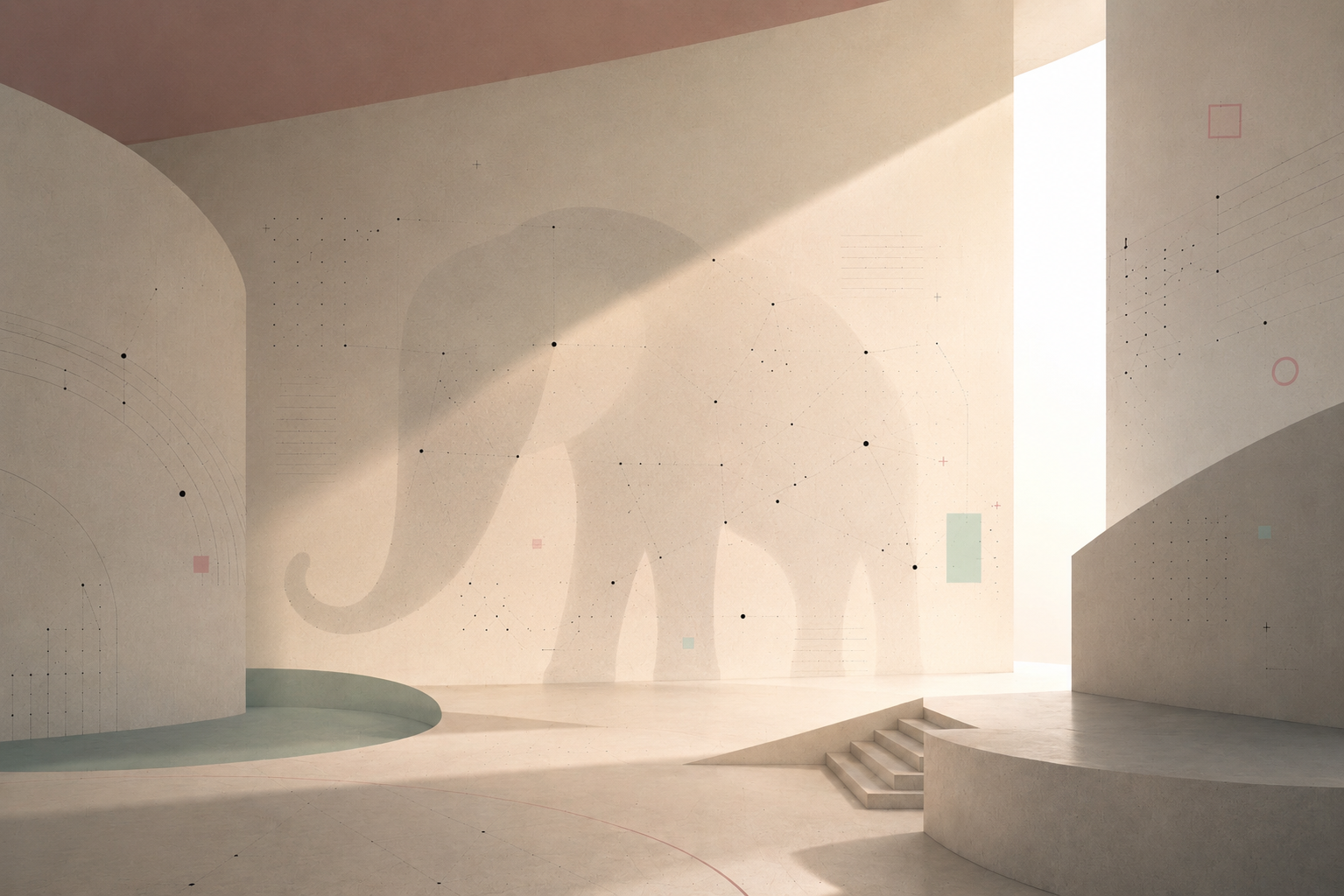 Abstract architectural space with a subtle elephant silhouette and audience signal overlays.