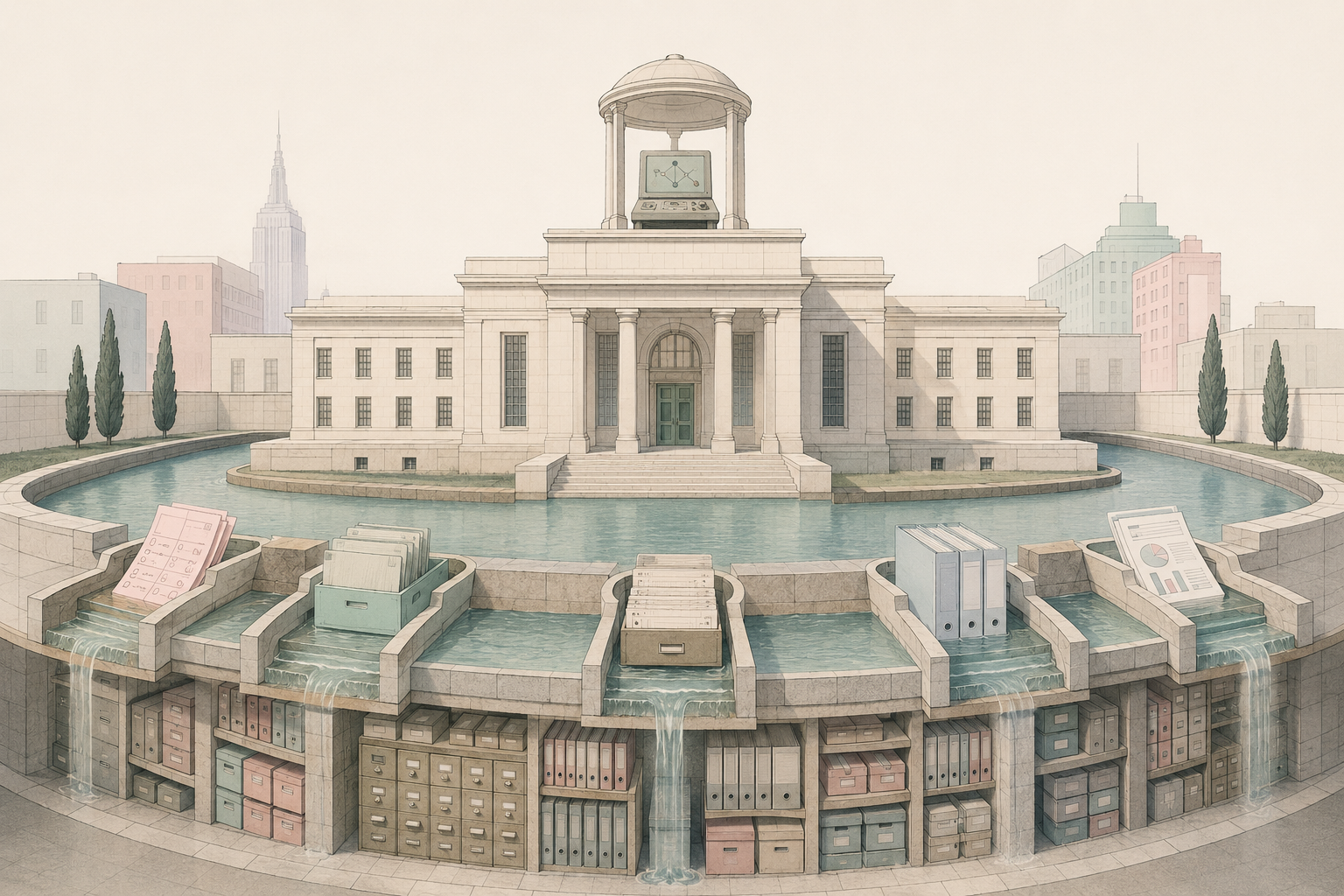 Institutional moat with data archives and audience intelligence flowing toward an AI system.