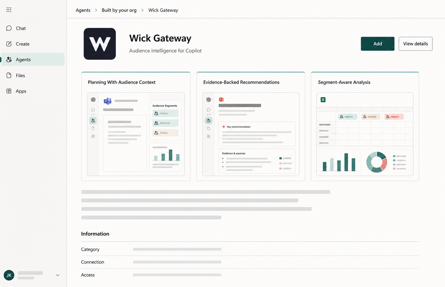 Microsoft 365 Copilot agent screen for Wick Gateway.