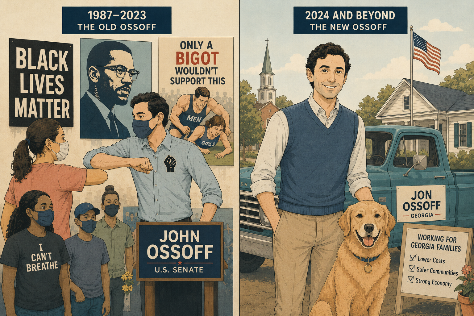 Illustration contrasting the old Ossoff from 1987 to 2023 with the new Ossoff from 2024 and beyond in Georgia-focused campaign imagery.