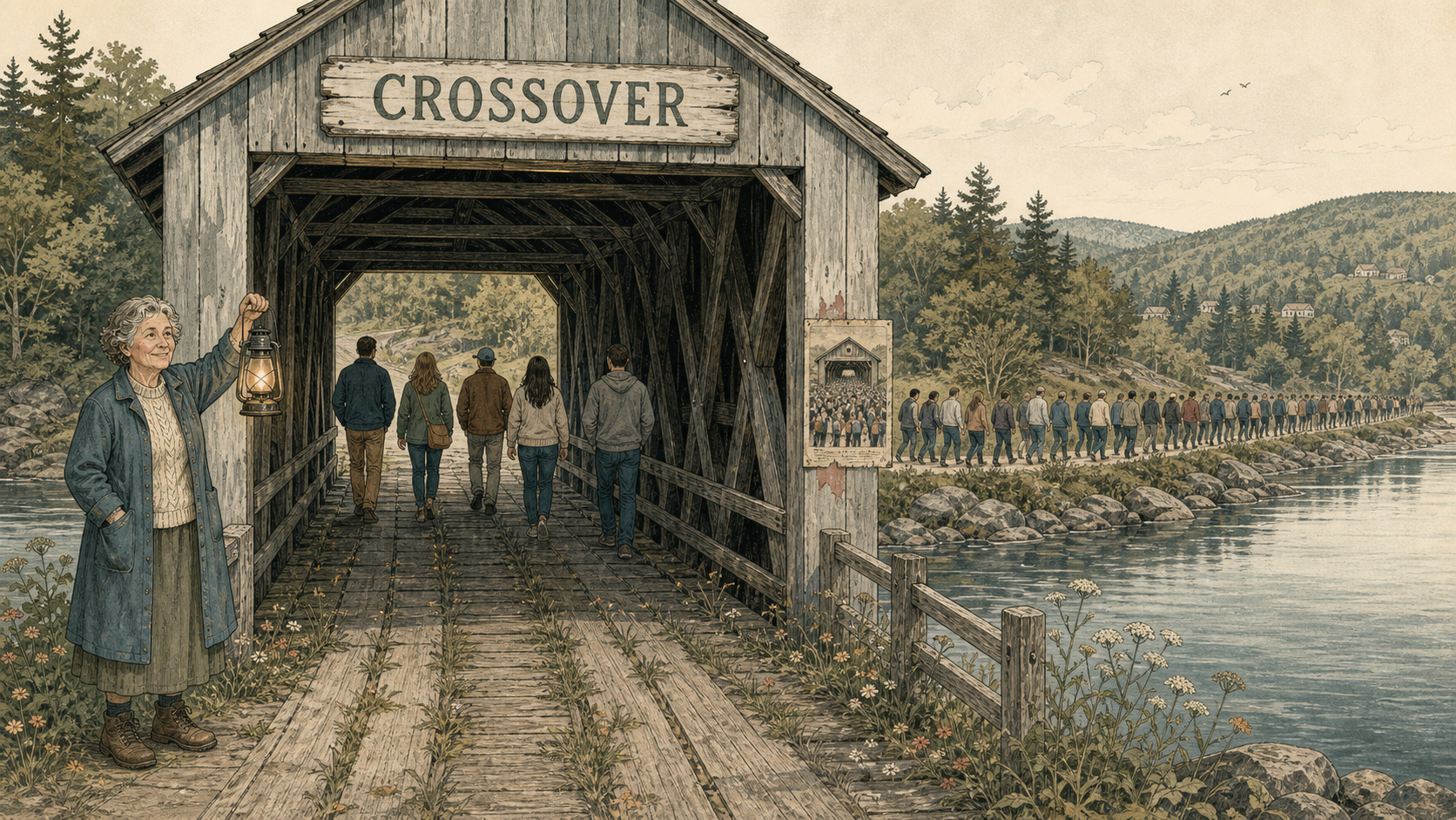 Editorial illustration of Susan Collins holding a lantern beside a covered bridge marked Crossover as voters walk through it.